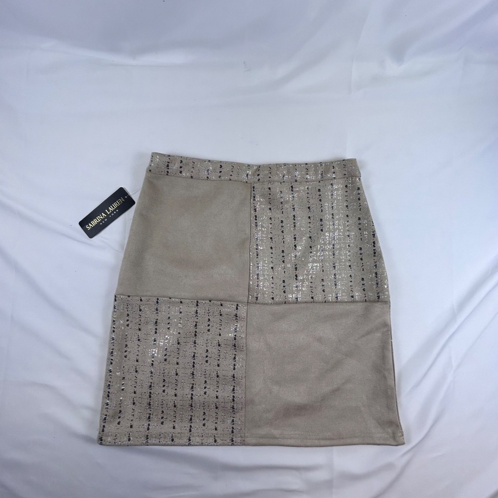 Sabrina‎ Lauren New York Retro Faux Suede Skirt Tan NWT Patchwork Women's S
